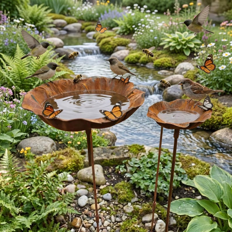 Vaschetta per uccelli rustica in metallo con paletto da giardino, mangiatoia a ciotola, vaschetta per uccelli a forma di fiore, ornamento da giardino, decorazione per il giardino naturalistico, arte da patio immagine 4