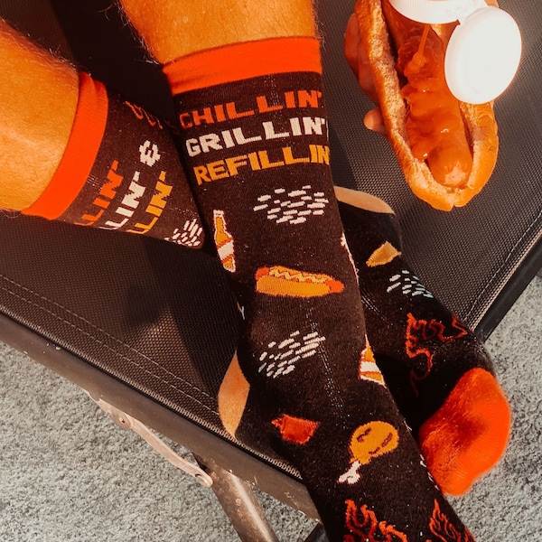 Chillin Grillin Refillin Socks, Mens Grilling Socks, Fun Foodie Socks, Funky Socks, Funny Socks, Cookout Socks, Beer Socks, Drinking Socks