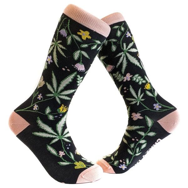 Flowers and Weed Socks, Floral Socks, Weed, Boho, Dope Girl, Maryjane, Gift For Her, 420, Vintage Prints, Pretty Socks, Compression Socks