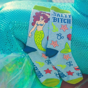 Womens Mermaid Socks, Salty Bitch Socks, Cute Womens Socks, Funky Socks, Cool Fantasy Socks, Funny Fish Socks Women, Crazy Socks