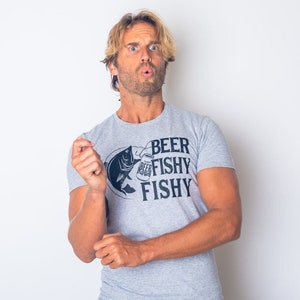 Mens Beer Fishing T shirt, Humor Angling Shirt, Punny Gag Meme Fisherman Loose Fit Tee, Joke Fishing Gifts, Beer Fishy Fishy