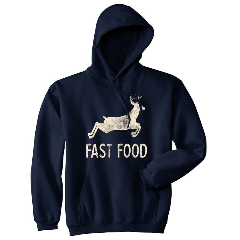 May include: A navy blue hooded sweatshirt with a white silhouette of a deer running and the text "FAST FOOD" printed on the front.