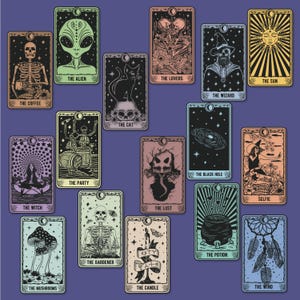 Set di 16 carte dei tarocchi alternative con adesivi Witchy Vibe - Mazzo mistico astrologico, adesivi grandi per adulti, adesivi divertenti dei tarocchi