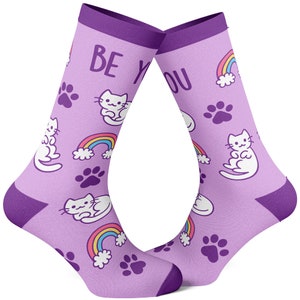 Be You Socks, Womens Cat Socks, Cute Womens Socks, Rainbow Socks, Novelty Socks, Magical Socks, Funny Socks Women