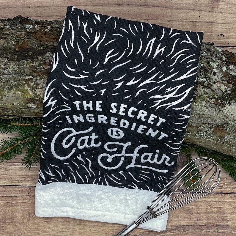 Secret Ingredient Cat Hair Oven Mitt, Housewarming Gift, Christmas Gift, Hostess Gift, Funny Oven Mitts, Cat Mom Gifts, Cat Aprons Tea Towel