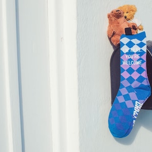 I'm Here You're Welcome Socks, Funny Checker Socks for Men and Women, Birthday Gift, Gag Gift image 1