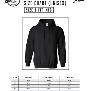 May include: Size chart for a unisex hooded sweatshirt. The chart shows measurements in inches for US sizes S through 3XL, including body length, chest width, and sleeve length.