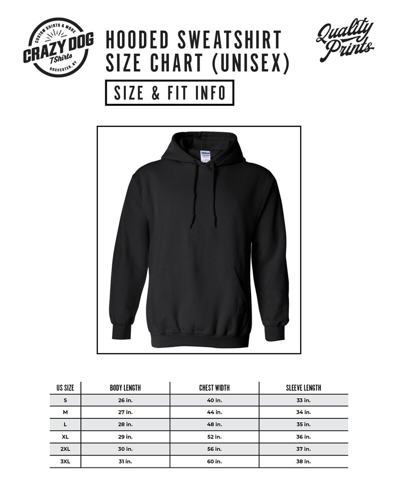 May include: Size chart for a unisex hooded sweatshirt. The chart shows measurements in inches for US sizes S through 3XL, including body length, chest width, and sleeve length.