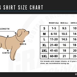 May include: A size chart for dog shirts, showing a line drawing of a dog with measurements labeled "length", "girth", and "neck". The chart lists sizes from S to 3XL with corresponding weight ranges in pounds, neck and girth measurements in inches, and length measurements in inches.