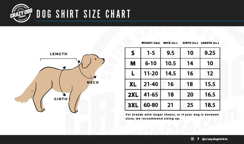 May include: A size chart for dog shirts, showing a line drawing of a dog with measurements labeled "length", "girth", and "neck". The chart lists sizes from S to 3XL with corresponding weight ranges in pounds, neck and girth measurements in inches, and length measurements in inches.