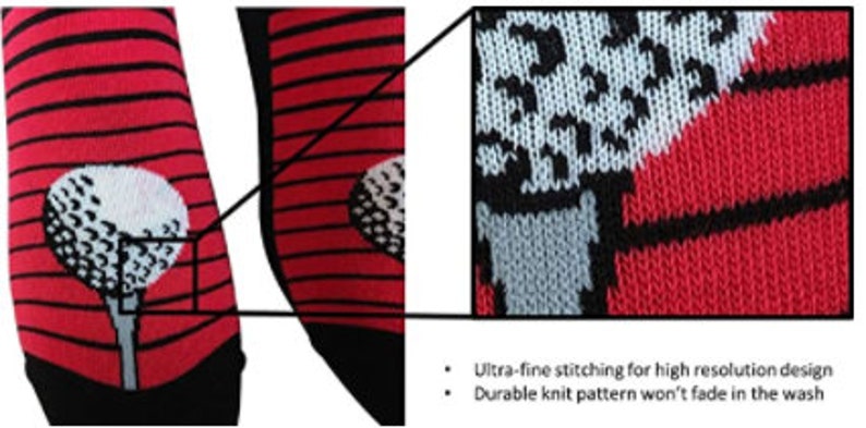 Puede incluir: Calcetines a rayas rojas y negras con un dise&ntilde;o de bola de golf blanca. Los calcetines cuentan con costuras ultrafinas para un dise&ntilde;o de alta resoluci&oacute;n y un patr&oacute;n de punto duradero que no se desvanece en el lavado.