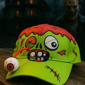 Puede incluir: Gorra de béisbol verde zombie con un diseño de cerebro rojo y naranja. La gorra presenta un globo ocular colgante y detalles cosidos. El fondo incluye una casa espeluznante y una figura de zombi.