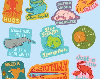 Funny Ocean Creature Sticker Pack: Axolotl, Octopus, Shrimp (Set of 10)