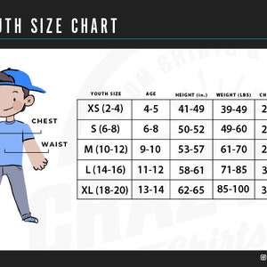 May include: A youth size chart for clothing with a cartoon illustration of a boy wearing a blue shirt and jeans. The chart shows sizes XS to XL with corresponding age, height in inches, weight in pounds, chest in inches, and waist in inches.