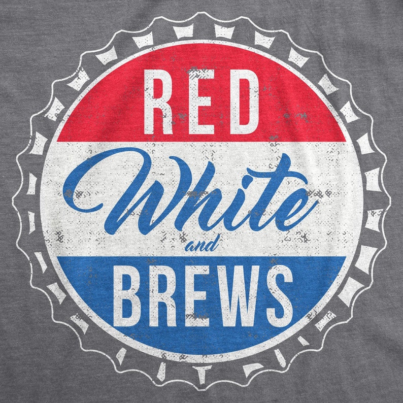 May include: Red, white, and brews text on a blue and red distressed circle with a white starburst border.