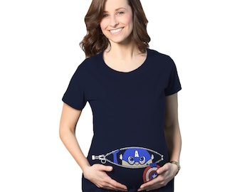 Funny Baby Peeking Maternity Shirt, Superhero Pregnant Tee