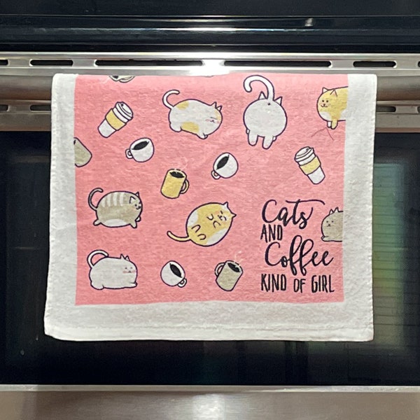 Cats and Coffee Kind of Girl Tea Towels, Funny Hand Towels , Housewarming Gift, Christmas Gift, Hostess Gift, Cat Mom Gifts, Cat Towels