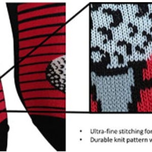 May include: Red and black striped socks with a white golf ball design. The socks feature ultra-fine stitching for a high-resolution design and a durable knit pattern that won't fade in the wash.