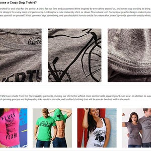 May include: A promotional image showcasing Crazy Dog T-shirts. The image includes close-up shots of the gray fabric and examples of the shirts, including a pink shirt with the text "FLUFF YEAH!" and a white tank top with the text "NOBODY LIKES SHADY BEACH".