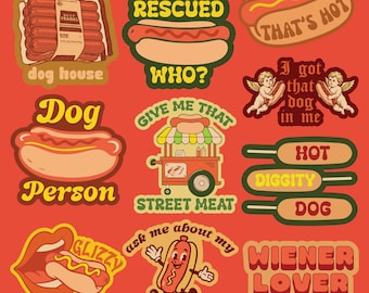 10 Adesivos de Cachorro-Quente | Amante de Salsicha, Comida de Rua, Adesivos para Quem Ama Cachorros