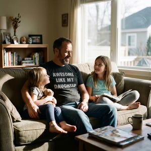 May include: A family sits on a sofa in a sunlit living room. A man wearing a black t-shirt with the text "AWESOME LIKE MY DAUGHTER" is surrounded by two young girls. One girl holds a stuffed animal, and the other reads a book.