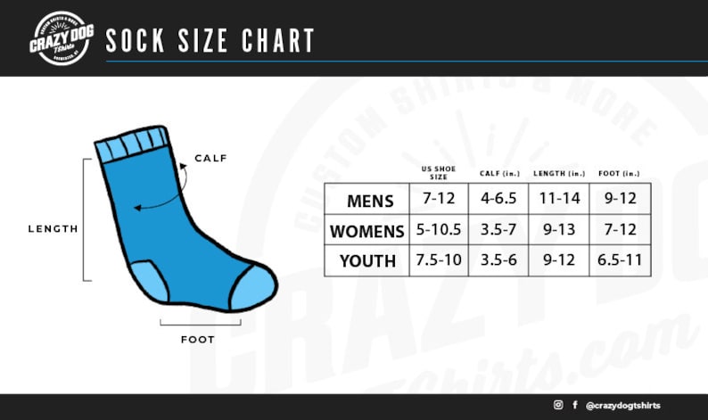 Puede incluir: Tabla de tallas de calcetines con un diagrama de un calcet&iacute;n que muestra las medidas de la pantorrilla, el pie y la longitud. La tabla muestra la talla de zapato estadounidense, la pantorrilla, la longitud y el pie en pulgadas para hombres, mujeres y j&oacute;venes.