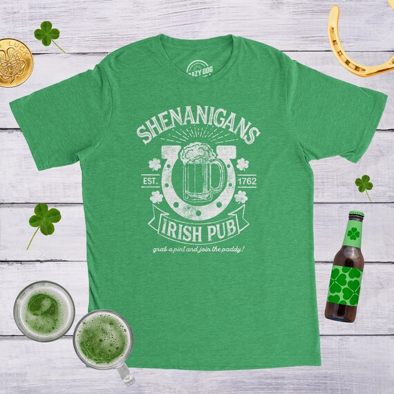 Shenanigans Irish Pub T Shirt, Saint Patricks Day Shirt, Lucky Green Horseshoe Shirt, Shamrock Shirt Mens, Clover Shirt, Funny Shirts Mens Il_570xn