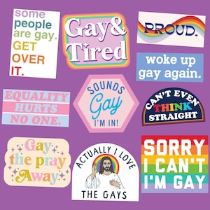 Puede incluir: Un conjunto de 10 pegatinas coloridas con varios mensajes sobre ser gay. Las pegatinas presentan colores arcoíris, rosa, azul y blanco. El texto en las pegatinas incluye "Gay & Tired", "Sounds Gay I'm In", "Equality Hurts No One", "Gay the Pray Away", "Actually I Love The Gays", "Proud", "Woke Up Gay Again", "Can't Even Think Straight", y "Sorry I Can't I'm Gay".