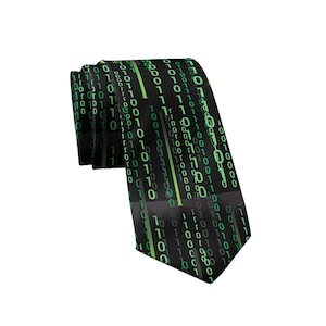 May include: Black necktie with a repeating pattern of green binary code. The tie is angled, showing the front and side, with a glossy finish. The digital design is a unique and modern accessory.
