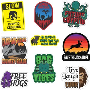 Pode incluir: Um conjunto de dez adesivos coloridos com criptidos, criaturas míticas e ditos humorísticos. Os adesivos apresentam uma variedade de designs, incluindo um jackalope, um pé grande, um monstro e um polvo. Os adesivos são perfeitos para adicionar um toque de fantasia a laptops, garrafas de água e outras superfícies.