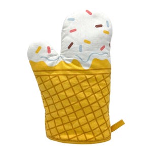 May include: An oven mitt shaped like an ice cream cone with a yellow waffle-patterned base and white top featuring colorful sprinkles in pink, blue, brown, and yellow. The mitt includes a small fabric loop on the side for convenient hanging storage.