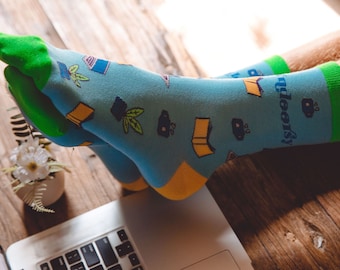Indoorsy Socks, Womens Bookworm Socks, Cute Book Lover Socks, Gifts for Book Nerds, Plant Socks, Plant Mom, Rather Be Indoors