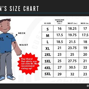 May include: A men's size chart with a cartoon illustration of a person wearing a blue t-shirt. The chart shows measurements for shoulder width, waist, neck, sleeve length, and shoulder to hem length in inches. The chart includes sizes S through 5XL.