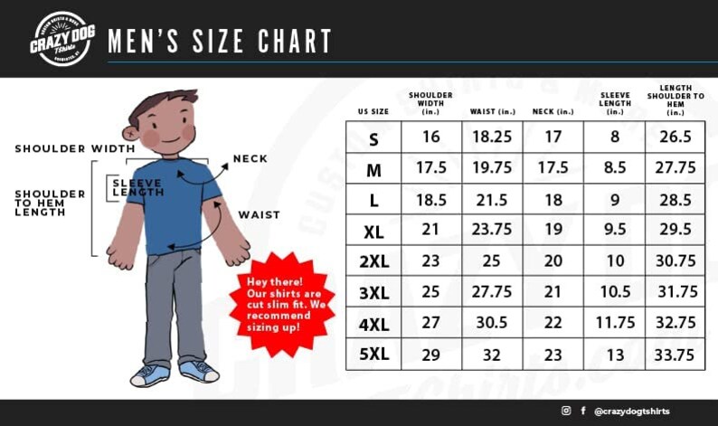 May include: A men's size chart with a cartoon illustration of a person wearing a blue t-shirt. The chart shows measurements for shoulder width, waist, neck, sleeve length, and shoulder to hem length in inches. The chart includes sizes S through 5XL.