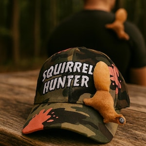 Op de afbeelding: Camouflage baseballpet met de tekst "SQUIRREL HUNTER" in het wit. De pet heeft een bruine eekhoornfiguur en roze spetters. De pet ligt op een houten oppervlak.