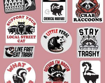 Trash Animal Sticker Set: Funny Opossum, Raccoon, Skunk Decals