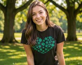 Camiseta de mujer con corazón de trébol brillante, camiseta irlandesa de la suerte