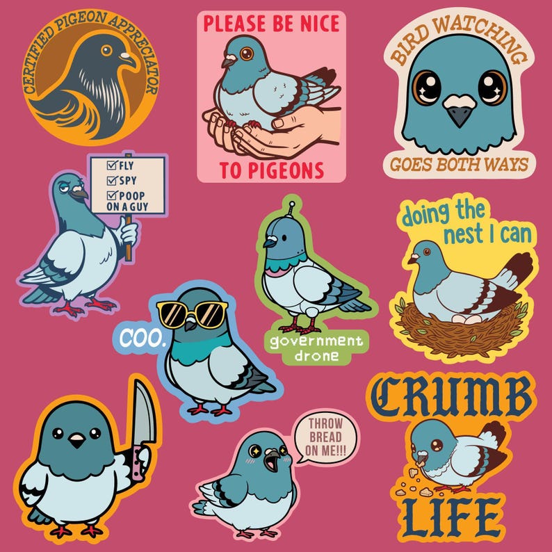 Cartoon Pigeon Stickers, Bird Watching Laptop Decals, Funny Pigeon Sticker Pack, Water Bottle Decal, Bird Lover Stocking Stuffer image 1
