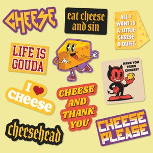 Set of 10 Cheese Stickers - Cheeselicious Decals for the Cheese Lover, Large Stickers for Adults, Funny Adhesives with Memes, Cheese Decals