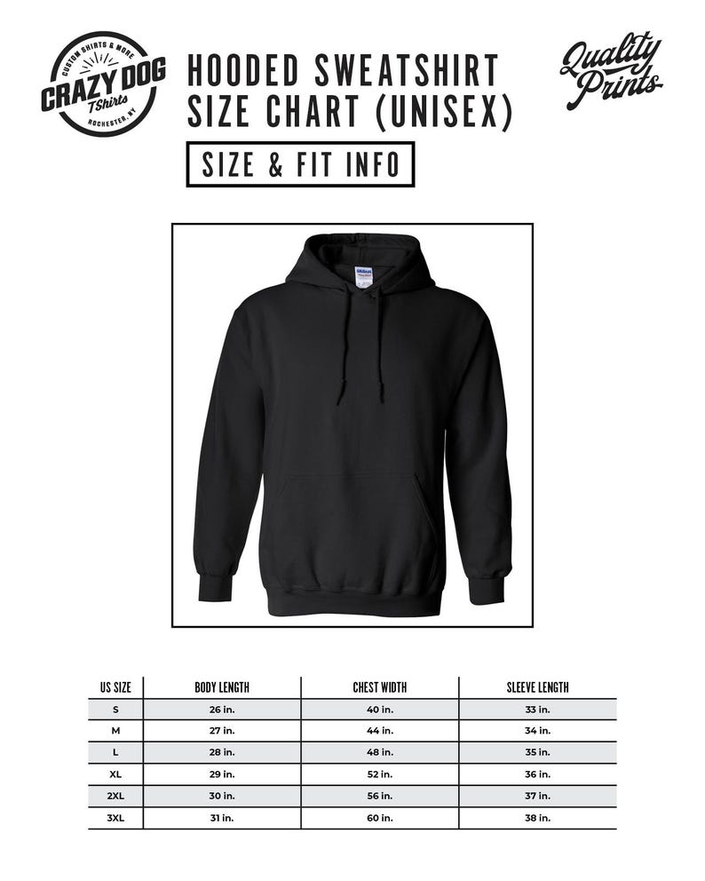 Puede incluir: Tabla de tallas para una sudadera con capucha unisex. La tabla muestra las medidas en pulgadas para las tallas espa&ntilde;olas S a 3XL, incluyendo la longitud del cuerpo, el ancho del pecho y la longitud de la manga.