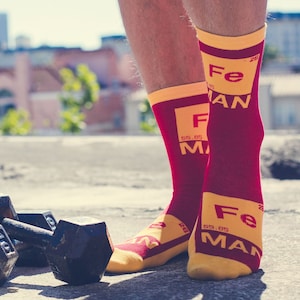 Iron Man, Mens Socks, Funny Nerd Socks, Periodic Table Socks, Science Gifts, Guys Gifts Under 20, Chemistry Gifts, Teacher Socks