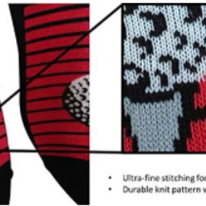 May include: Red and black striped socks with a white golf ball design. The socks feature ultra-fine stitching for a high-resolution design and a durable knit pattern that won't fade in the wash.