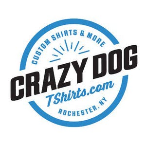 May include: Blue and white circular logo with the text "Custom Shirts & More" and "Crazy Dog" in black. The logo also includes the text "TShirts.com" and "Rochester, NY".