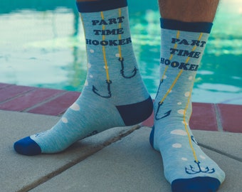 Funny Dad Socks, Part Time Hooker Socks, Funky Fishing Socks, Fisherman Gifts Under 15, Dad Socks, Inappropriate Socks, Compression Socks