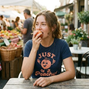 Może przedstawiać: Ciemnoniebieski t-shirt z krótkim rękawem z grafiką uśmiechniętej brzoskwini z rękami i nogami. Napis "JUST PEACHY!" jest nadrukowany przetartą pomarańczową czcionką nad i pod ilustracją brzoskwini na przedniej części koszulki.