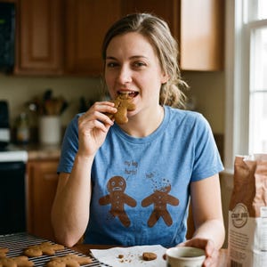 May include: A woman wearing a blue t-shirt with a gingerbread man graphic bites into a gingerbread cookie. The shirt reads "my leg hurts!" and "huh?". A bag of Crazy Dog flour is visible.