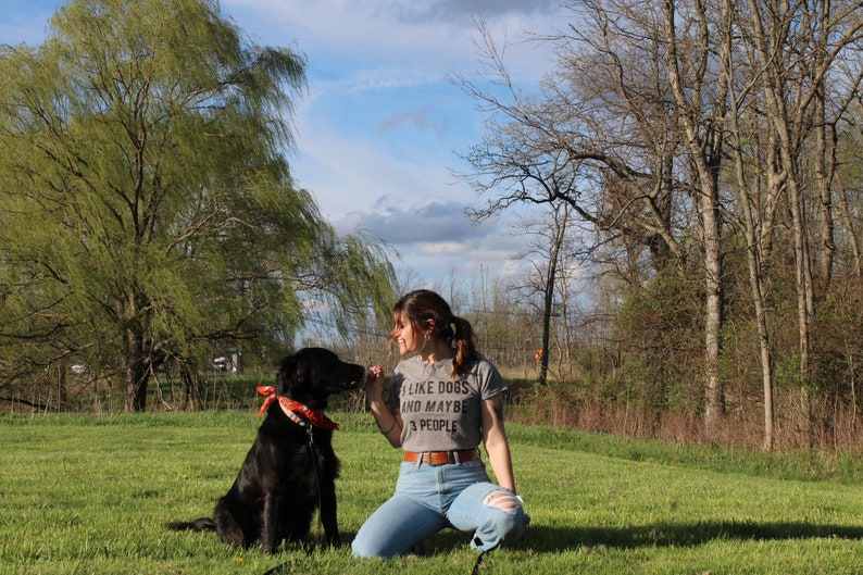 May include: A black dog with an orange bandana sits on green grass next to a person wearing a gray t-shirt with the text "I LIKE DOGS AND MAYBE 3 PEOPLE". The dog and person are outside on a sunny day.