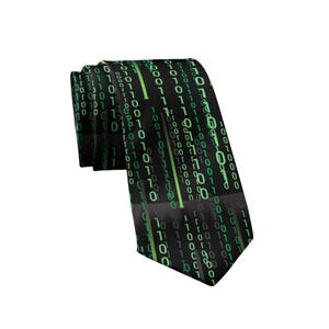 May include: A black necktie featuring a repeating digital pattern of bright green binary code consisting of zeros and ones arranged in vertical columns across the entire surface of the fabric, creating a high-contrast technological aesthetic.