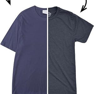 May include: A split-screen image comparing two t-shirts. The left side shows a blue t-shirt, while the right side displays a charcoal gray t-shirt. Text above reads "AVERAGE TEE VS OUR TEE." Below, text highlights differences: itchy tag vs. tagless, boxy fit vs. tailored fit.