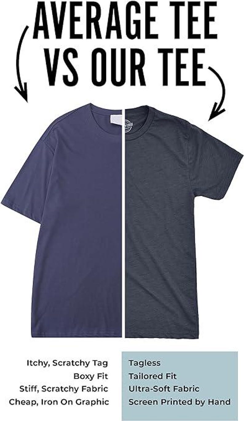 May include: A split-screen image comparing two t-shirts. The left side shows a blue t-shirt, while the right side displays a charcoal gray t-shirt. Text above reads "AVERAGE TEE VS OUR TEE." Below, text highlights differences: itchy tag vs. tagless, boxy fit vs. tailored fit.